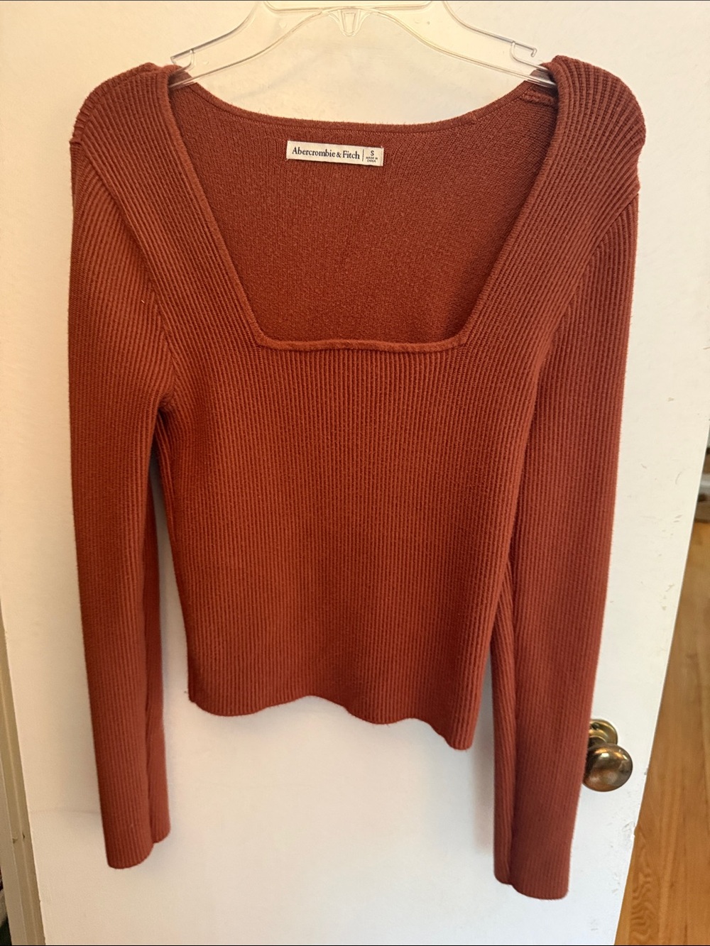 Abercrombie & Fitch Rust Square-Neck Rib Knit Long Sleeve Top